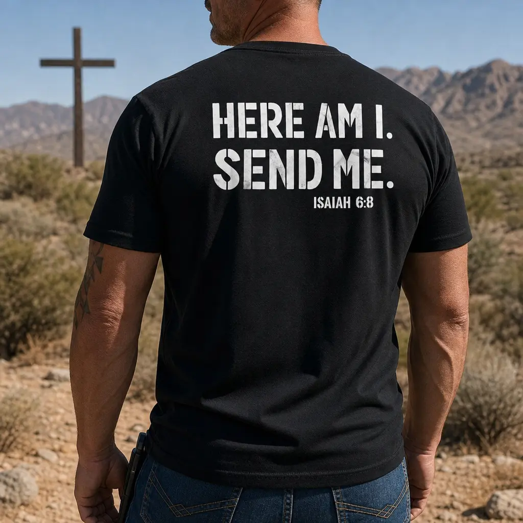 Here Am I Send Me Isaiah 6 8 Back Print Mens Graphic T Shirt Christian Faith Bible Verse Cotton Short Sleeve Tee Religious Streetwear Casual Top Back To School Gift For Men