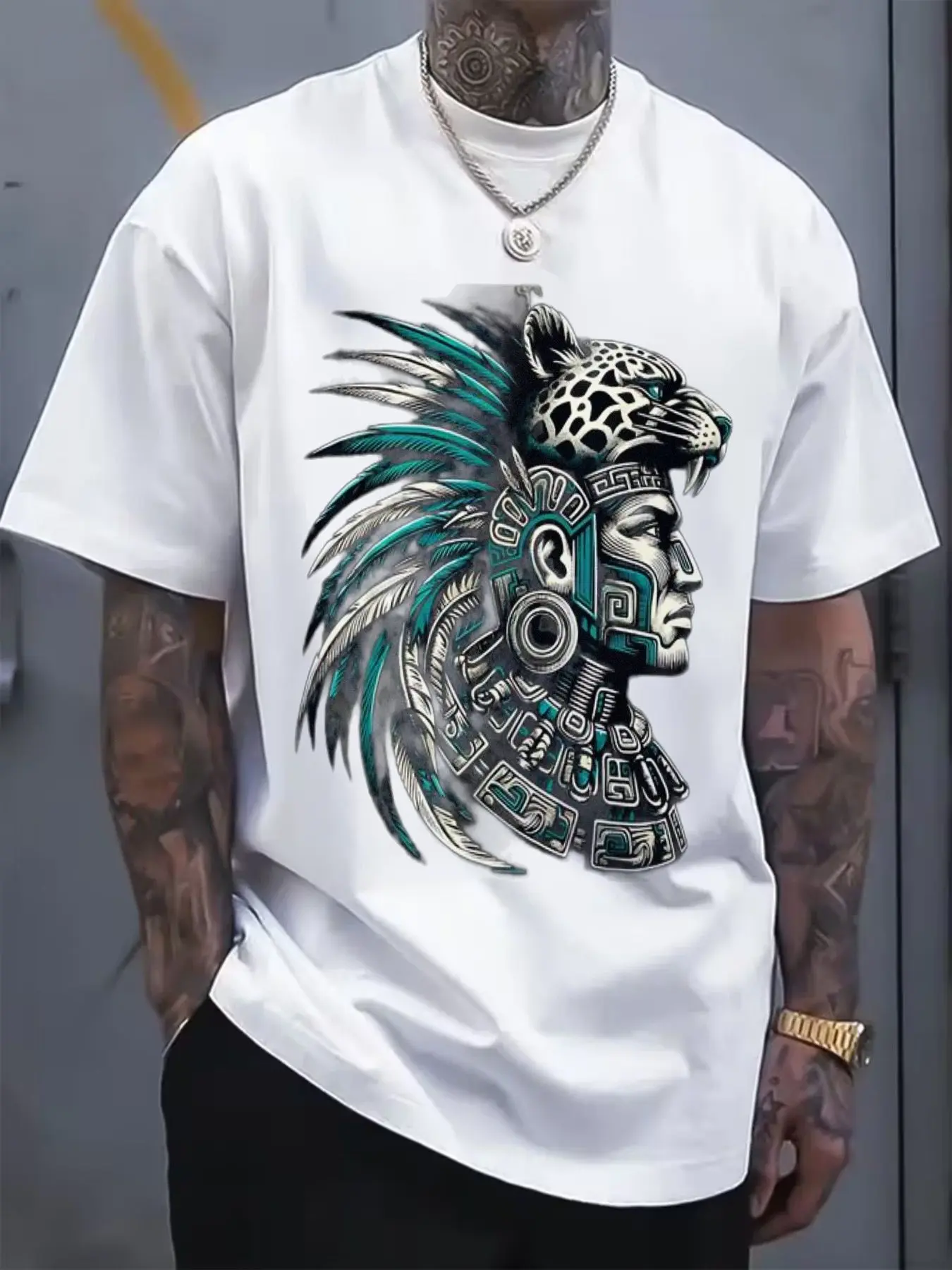 Men'S T-Shirt Featuring a Tribal Mayan Jaguar Headdress Graphic Showcasing Intricate Patterns And Stylized Profile Art. This Casual Summer Wear Is Tattoo-Friendly And Versatile for Parties Beach Outings And Sports Activities