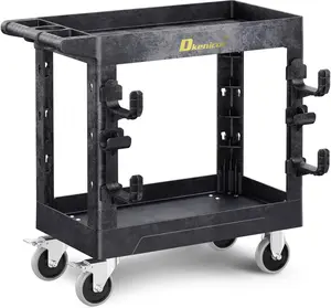 Utility Cart with Max 850Lbs Capacity, 34" x 17" Heavy Duty Rolling Utility Cart, 2 Side Hooks, 360° Swivel Wheels (2 with Brakes), 2 Tier Service Cart for Warehouse/Garage/Garden