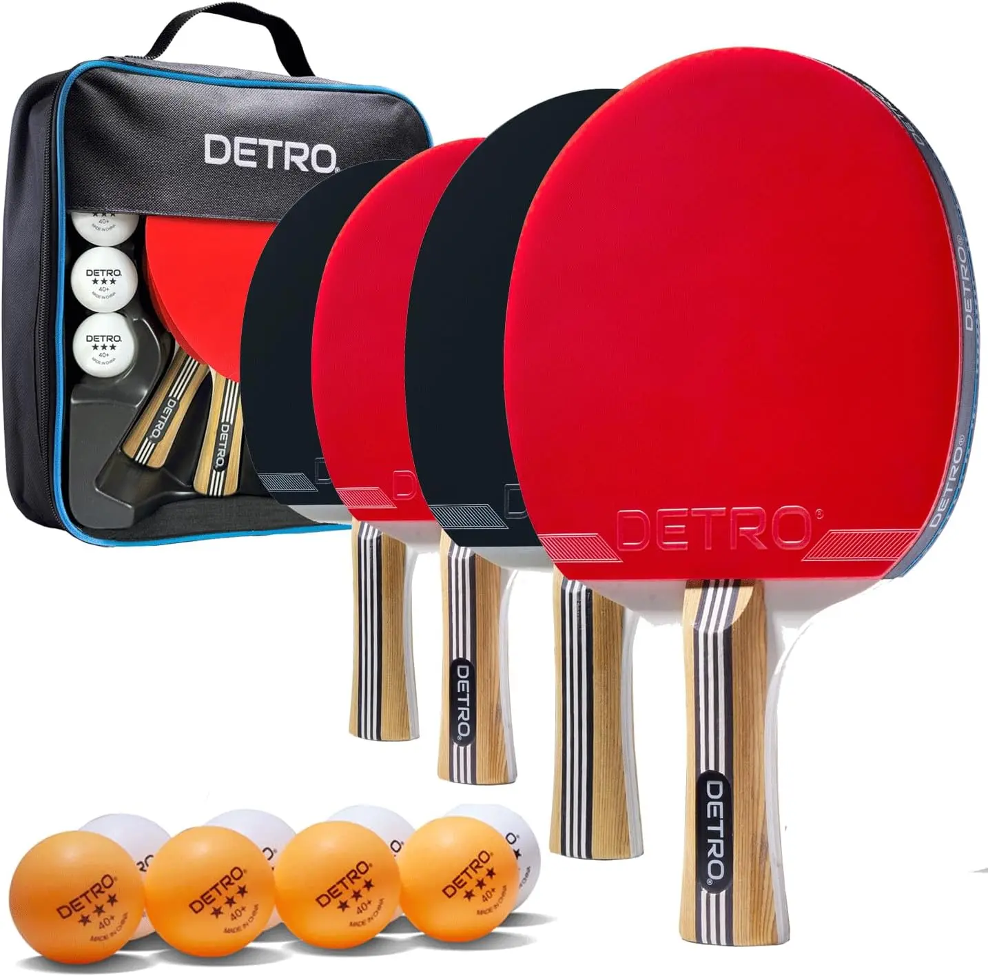 Detro 4 Player Table Tennis Performance Paddle and Ball Set, Premium Ping Pong Set, 4 Premium Table Tennis Paddles, 8 x 3 Star Competition Ping Pong Balls with Storage Case