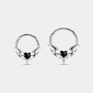 OUFER BODY JEWELRY 16G Stainless Steel Unisex Clicker Type Septum Pierced Ring - Irregular Black Heart Motif Daith Nose Piercing Jewelry, Non-Tarnish Body Accessory