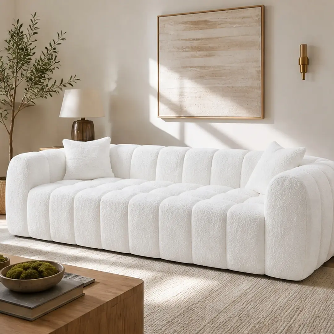 ARCH Oversized Marshmallow Cloud Sofa 102.7" 4-Seater Boucle Couch with Two Cushions, Modern Soft White Living Room Furniture, Compressed Easy Setup for Apartment, Family Room, Lounge, White Color Options, Boucle Material, 4 Seat Seat Count