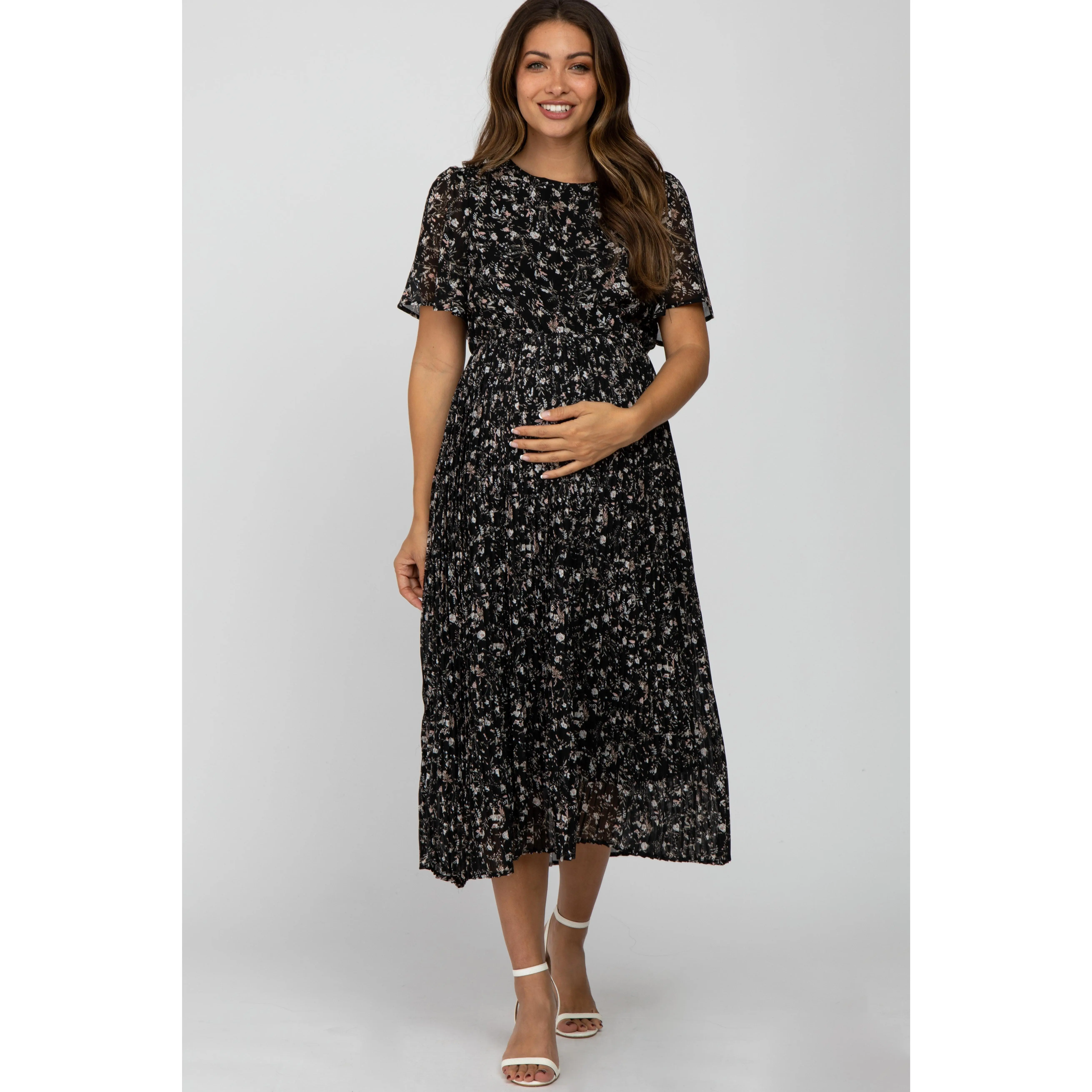 Black Floral Pleated Short Sleeve Chiffon Maternity Midi Dress
