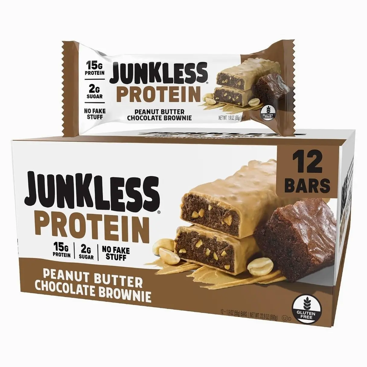 JUNKLESS Protein Bars - 15g Protein, No Added Sugar, Gluten Free, High Fiber, Delicious Taste and Texture, Satisfying, Healthy Snack for Energy - 12 Bars (Peanut Butter Chocolate Brownie)