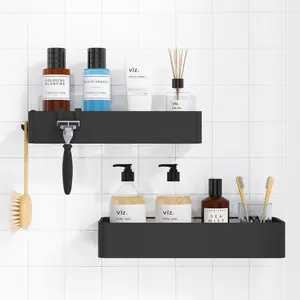 2 Pack Large Black No-Drill Adhesive Shower Caddy, Rustproof Metal Bathroom Shelf Organizer, Home & Bathroom Supplies Accessory
