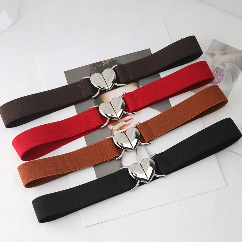 Women's Elastic Waist Belt with Cute Heart Buckle, Thin Stretch Cinch Band for Adults, Easy to Match with Dresses and Daily Use Outfits, Elastic Band, Narrow
