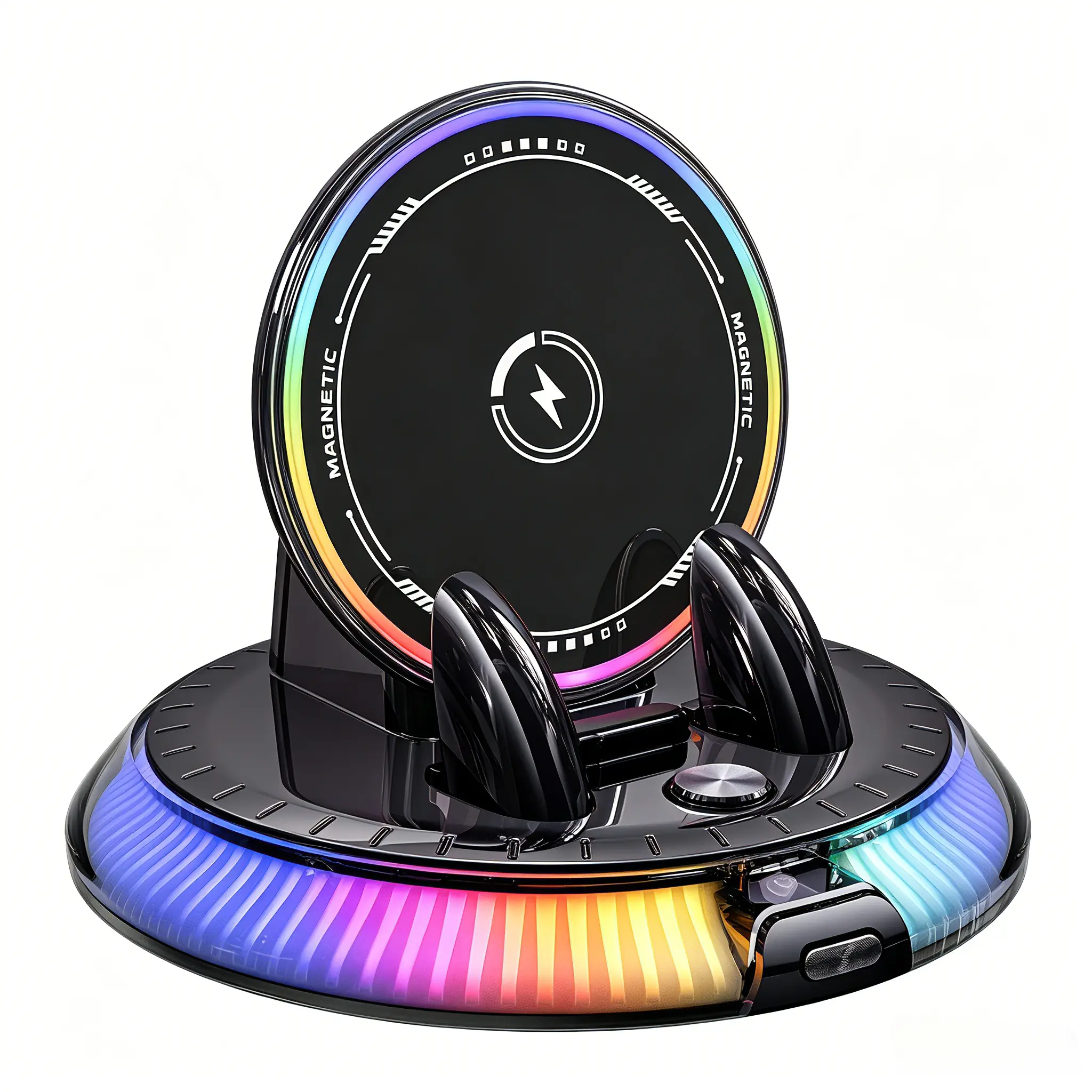 Car Phone Holder, 360° Rotating Wireless Charging with RGB Light, Dashboard Mount for Car Navigation, Horizontal & Vertical Viewing