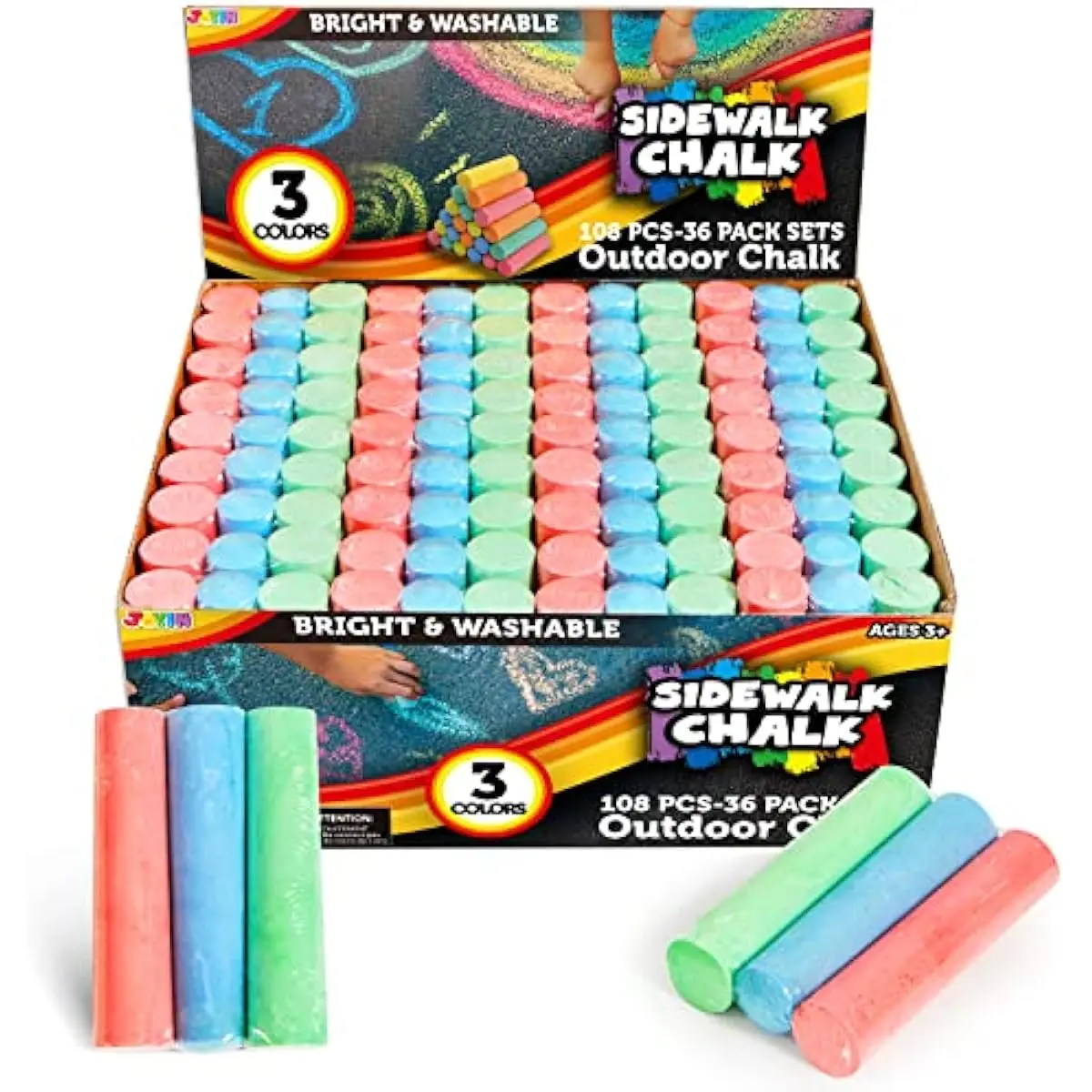 108 PCS Sidewalk Chalk Set in 36 Count, 3 Assorted Colors, Non-Toxic Jumbo Washable Driveway Chalk for Outdoor Art Play, Great Gift Toys for Kids, Classroom