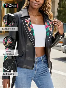 Women's PU Leather Jacket, Punk Style Floral Embroidery, Long Sleeve Fitted Biker Coat with Belt, All Seasons Wear Outerwear, Everyday Jackets, Womenswear