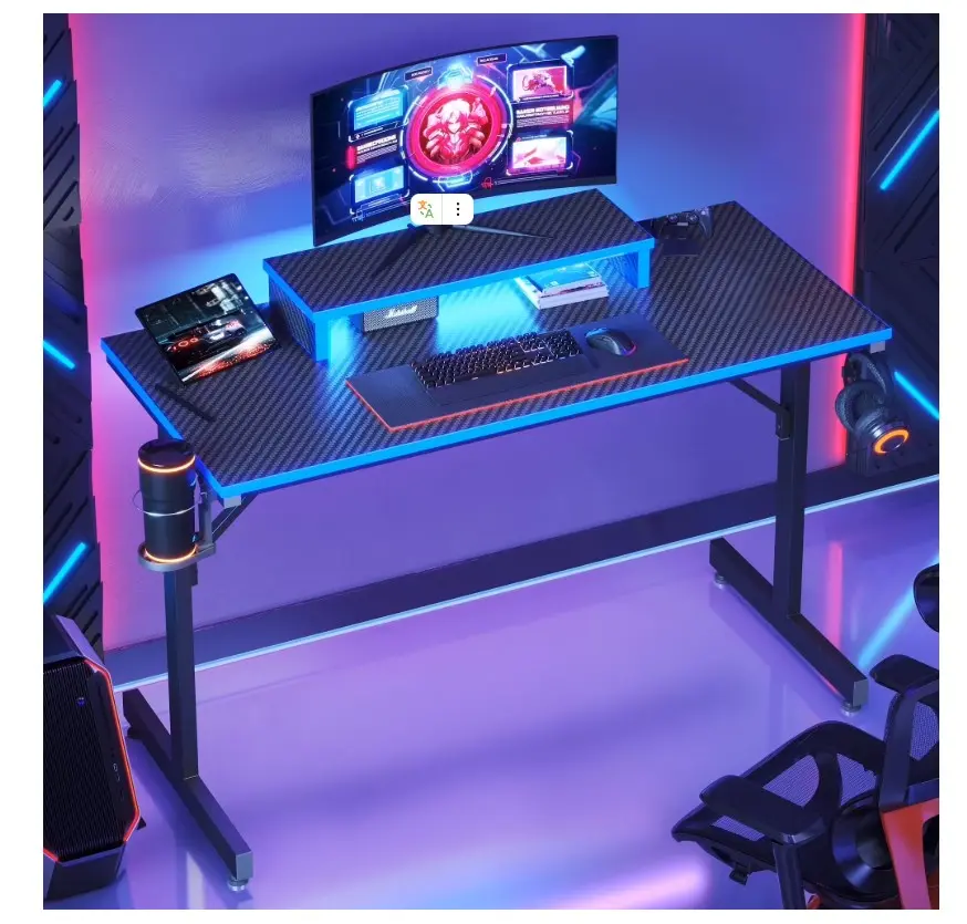 42" Gaming Desk PC Computer Table with LED Lights & Monitor Stand & Hook & Cup Holder in Blue