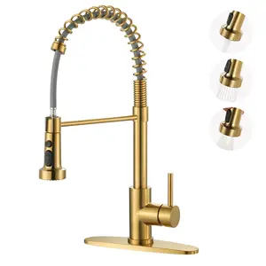 WOWOW Stainless Steel Single Handle Pull Down Sprayer Kitchen Faucet with Advanced Spray and Supply Lines in Gold