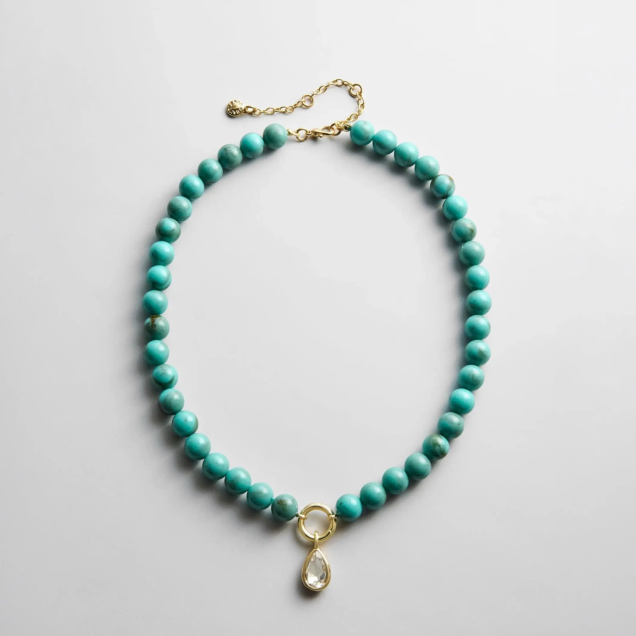 Janette Beaded Ring Necklace - Turquoise Bead, Glossy Crystal Charms, Stackable Jewelry for Collectors