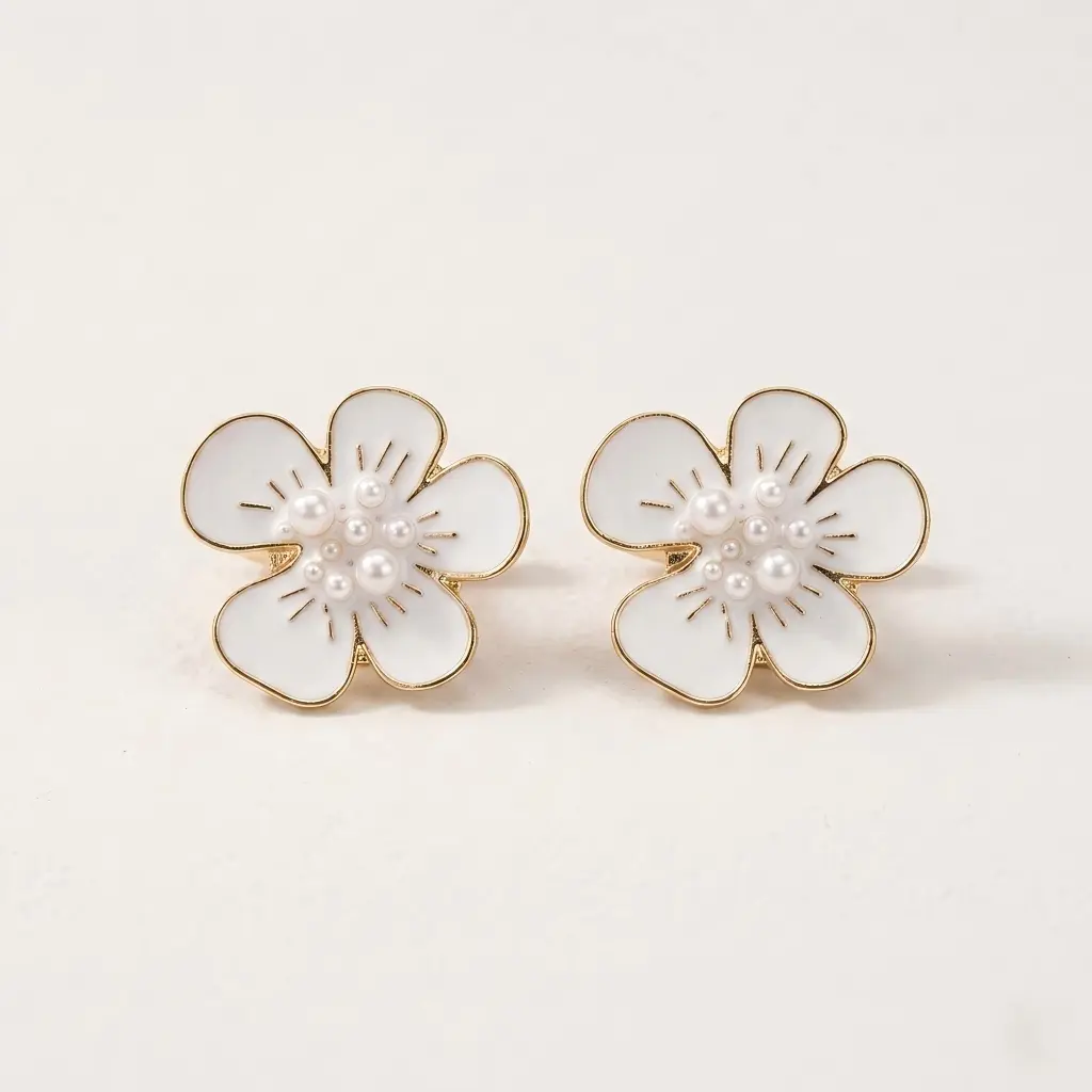 Men's Unisex 2-Piece Enamel & Pearl Cherry Blossom Faux Pearl Cufflinks Set - Gold-Tone Edging, 15mm Slide-On Floral Button Covers, Office Wear Business Casual Upgrade, Elegant Formal Shirt Gift
