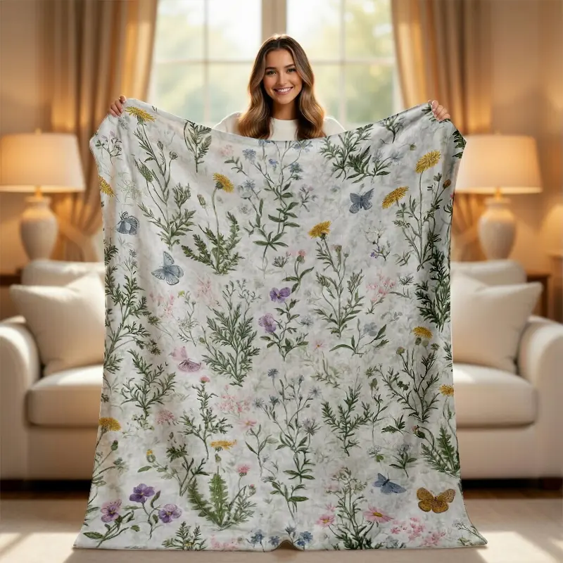 Floral Butterfly Throw Blanket - Buttery Soft Linen Texture Boho Flower Blanket, Adorable Style Cottagecore Decor for Bed & Sofa, Boho Blankets, Flower Blankets