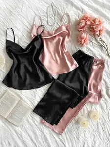 Women's Solid Color Cami Top & Elastic Waist Pants Pajama Set, Casual Comfy Loungewear Set for Daily Wear, Ladies Sleepwear for Summer