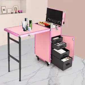 Professional Rolling Makeup Case, Foldable Nail Tables Travel Cosmetic Trolley Storage Organizer with 4 Drawers Mirror & Speaker Black Nail Table Artist Travel Organizer