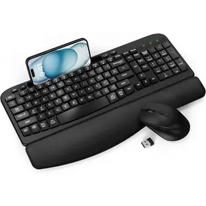 Keyboard and  Combo, Wave  Full-Sized  Keyboard with Cushioned Plam Rest, Phone Holder, Comfortable  Typing, 2.4G Cordless Set for Computer, Laptop, PC, , Windows