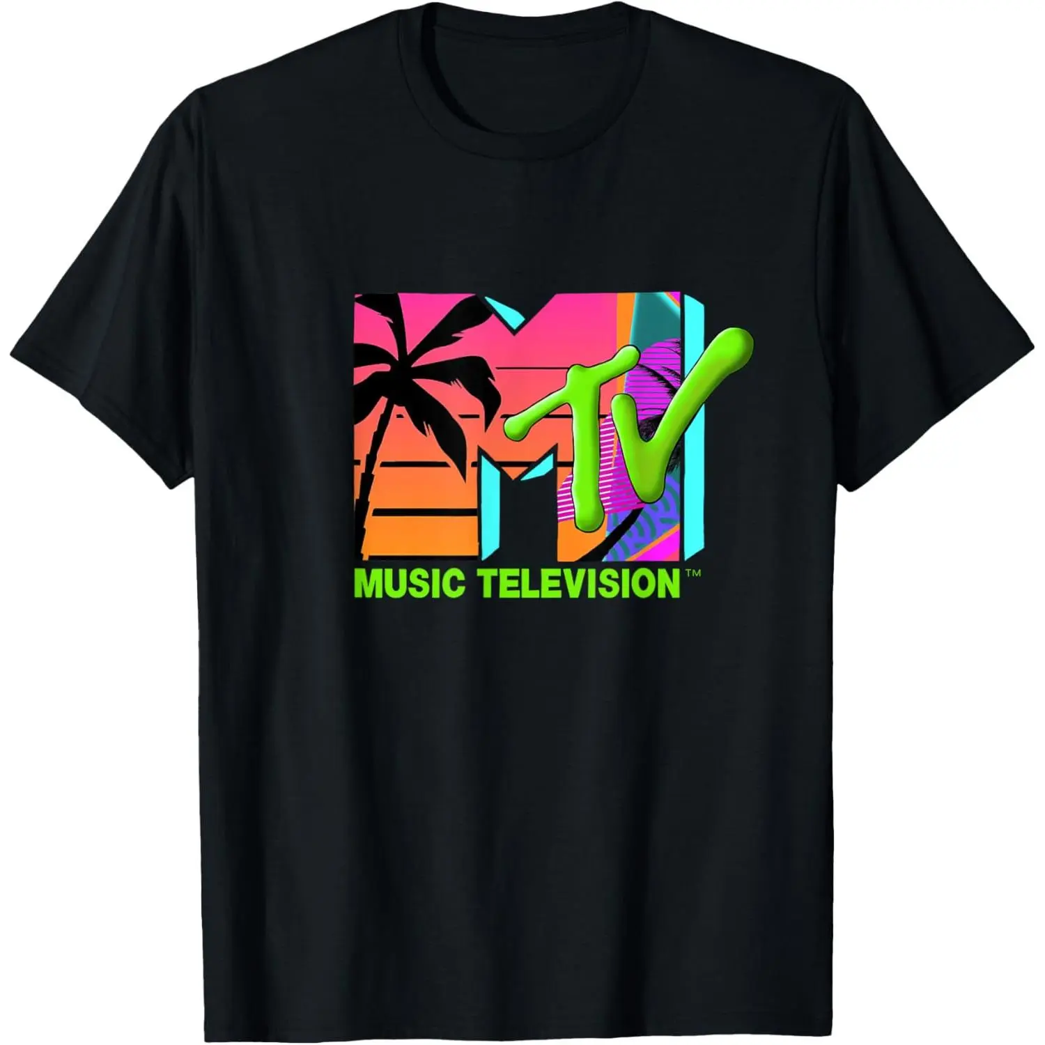 Mademark x MTV Official Logo Men's Regular Fit Short-Sleeve Tee - Natural Cotton Fabric, Soft, Tropical Retro Palms Graphic, Round Neck, Moisture Absorbent, Daily Wear with Street Style, Workout Friendly, Menswear Tops