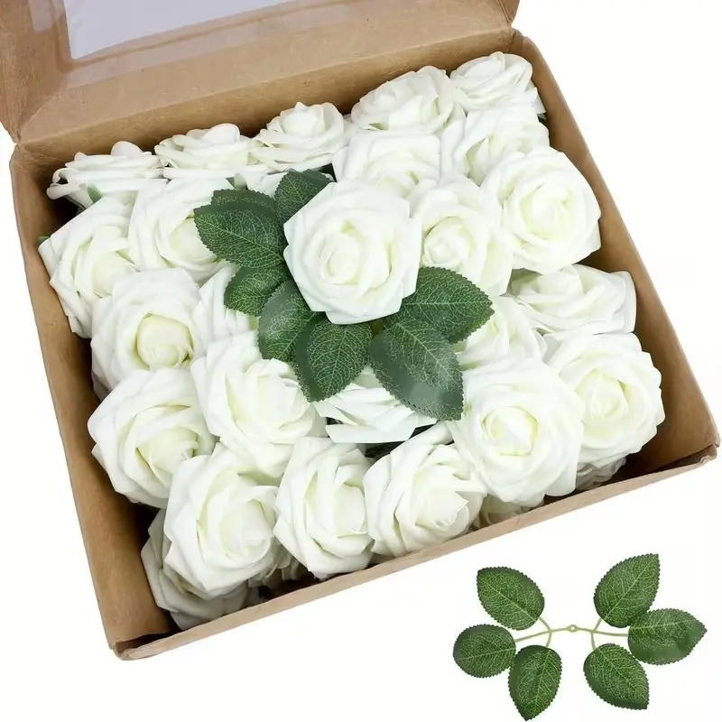 25Pcs White Real Touch Foam Rose Decorative Artificial Flowers with Stem, Vase & Table Props Set, Gift Box Pack for Wedding, Home Decor