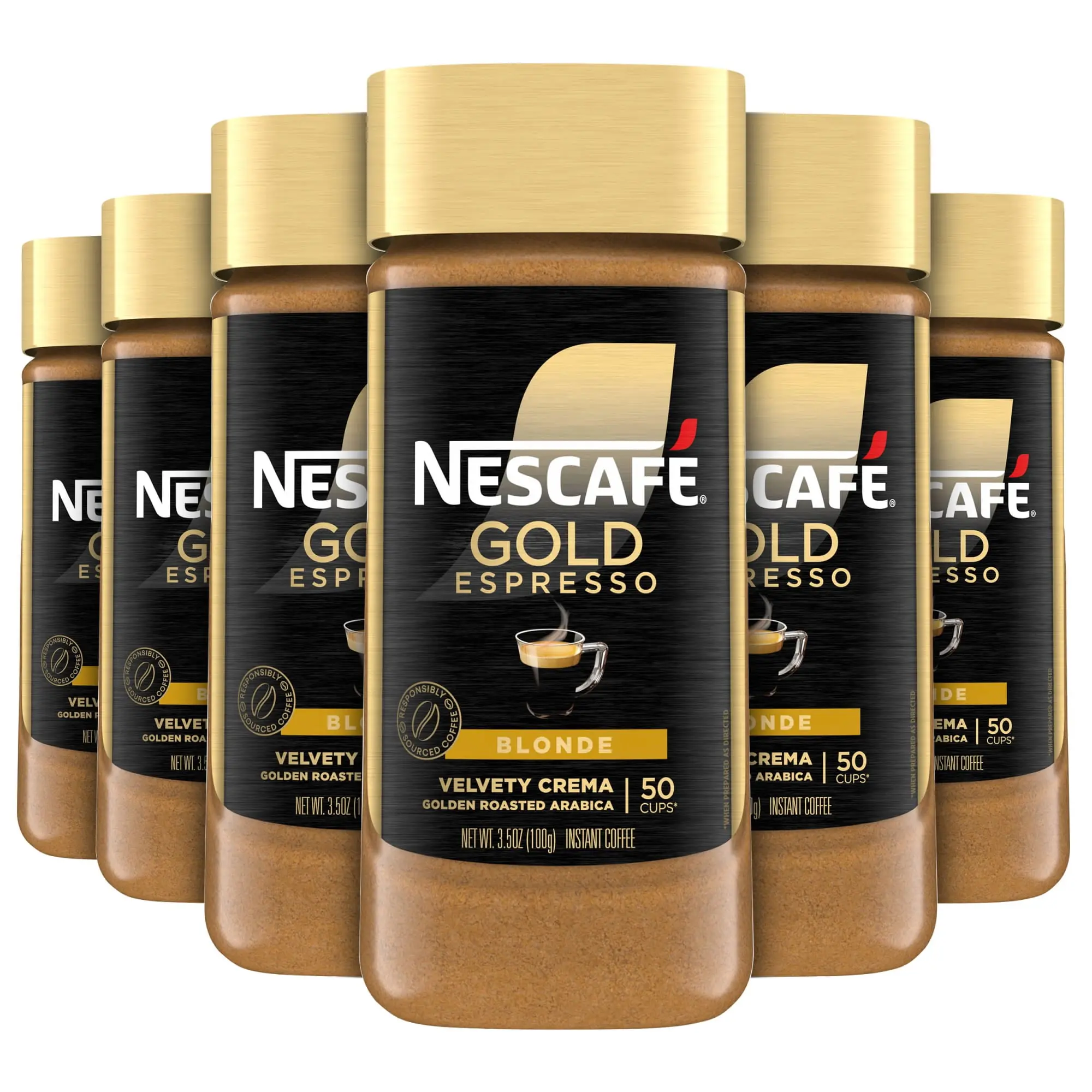 NESCAFÉ Gold Espresso Blonde Instant Coffee, 6-Pack 3.5 oz Jars, Golden Roasted Arabica Beans, Smooth, Velvety Crema
