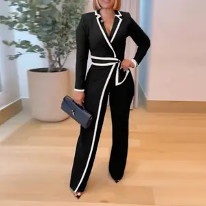 2026 Spring ChicMe Women's  Contrast Paneled Notched Collar Padded shoulders Work Jumpsuit Casual Zipper Back Wrap Front Jumpsuit