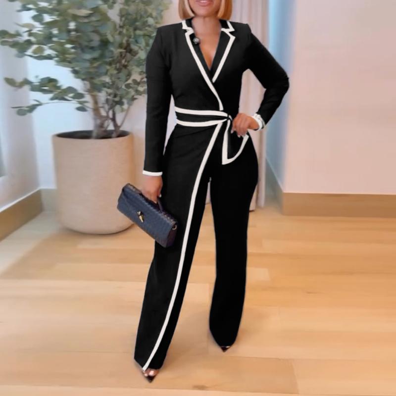 2026 CHICME Women's  Contrast Paneled Notched Collar Padded shoulders Work Jumpsuit Casual Wrap Front Jumpsuit