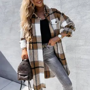 Womens Plaid Shacket Jacket Long Shirt Casual Lapel Button Down Trench Coats