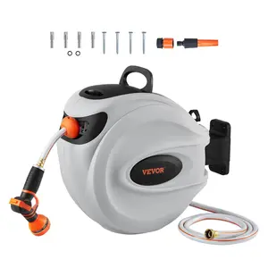 VEVOR Retractable Hose Reel, Max 130 FT / 115 FT / 100FT / 65FT / 84FT Garden Water Hose Reel with 9-Pattern Nozzle, 180° Swivel Bracket Wall-Mounted, Automatic Rewind, Lock at Any Length, with Slow Return System VEVOR Super Brand Day