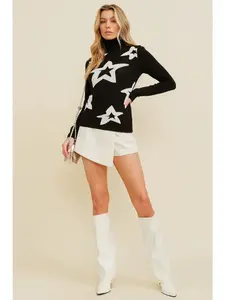 Black Turtleneck Sweater With White Star Print