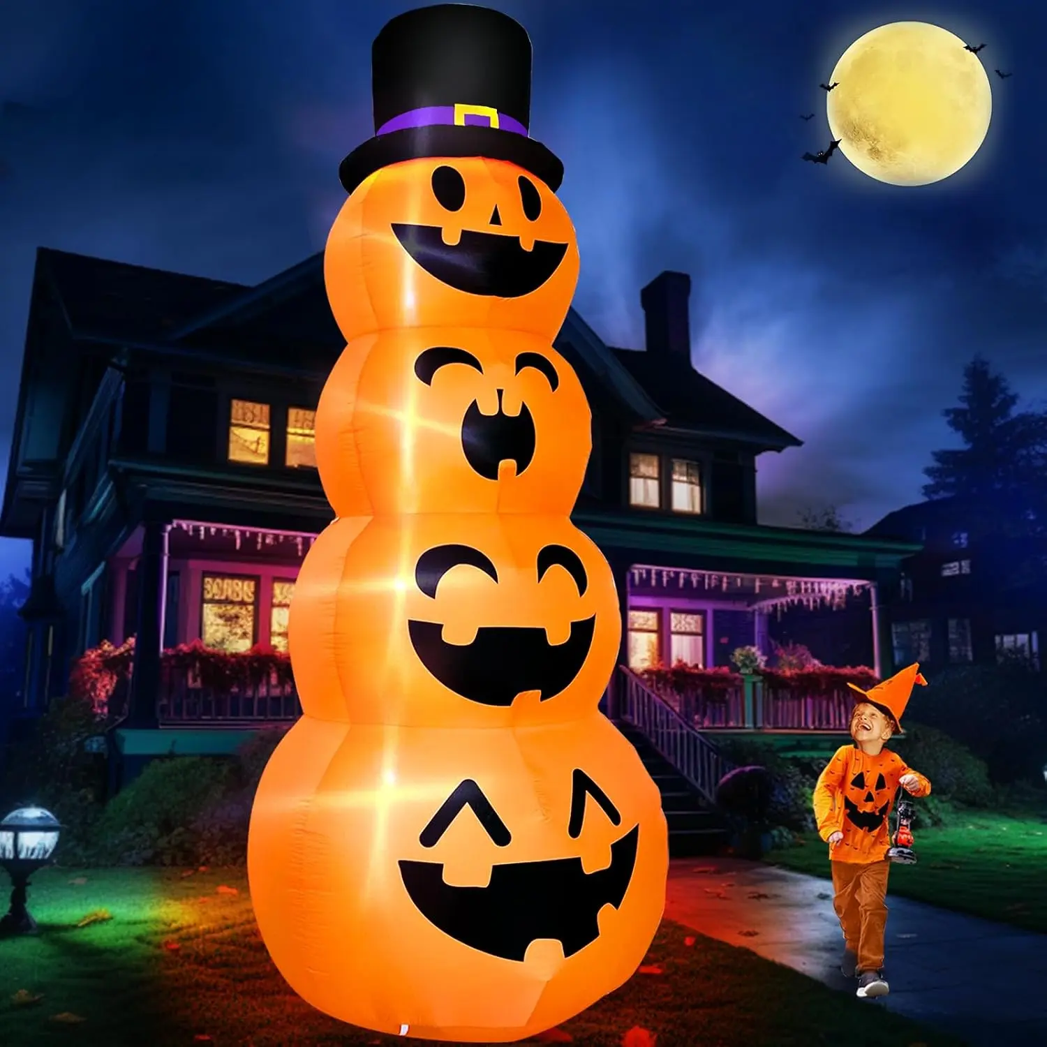 12 FT Giant Halloween Inflatables Stacked Pumpkins with Witch Hat LED Lights, Blow Up Halloween Decorations or Outdoor Yard Garden Lawn Home,  7 Stakes 4 Tethers 2 Weight Bags