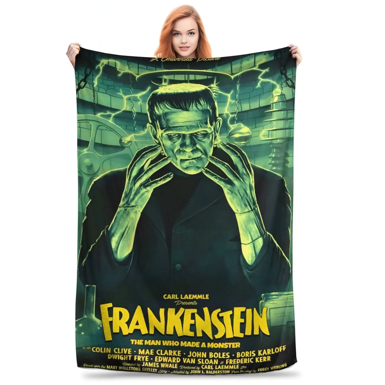 Frankenstein Themed Printed Flannel Cozy Throw Blanket - Soft, Warm, Breathable, Wrinkle-Resistant, Durable, All-Season, Suitable for Sofa and Travel, Ideal Gift Choice