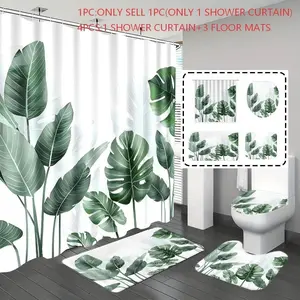 [Popular Choice]1pc/4pcs, bathroom curtains shower, shower curtain set, shower curtains, bathroom decor,bathroom rug, home decoration, bath mat, tortoise shell bamboo pattern, tropical plant theme decoration, with 12 hooks, Home Goods