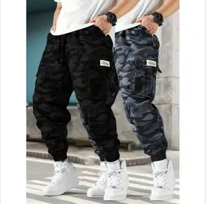 Men's 2-piece camouflage workwear, ankle tied casual pants Multi pocket drawstring elastic waist loose sports pants set Outdoor military style camouflage work pants two-piece combination