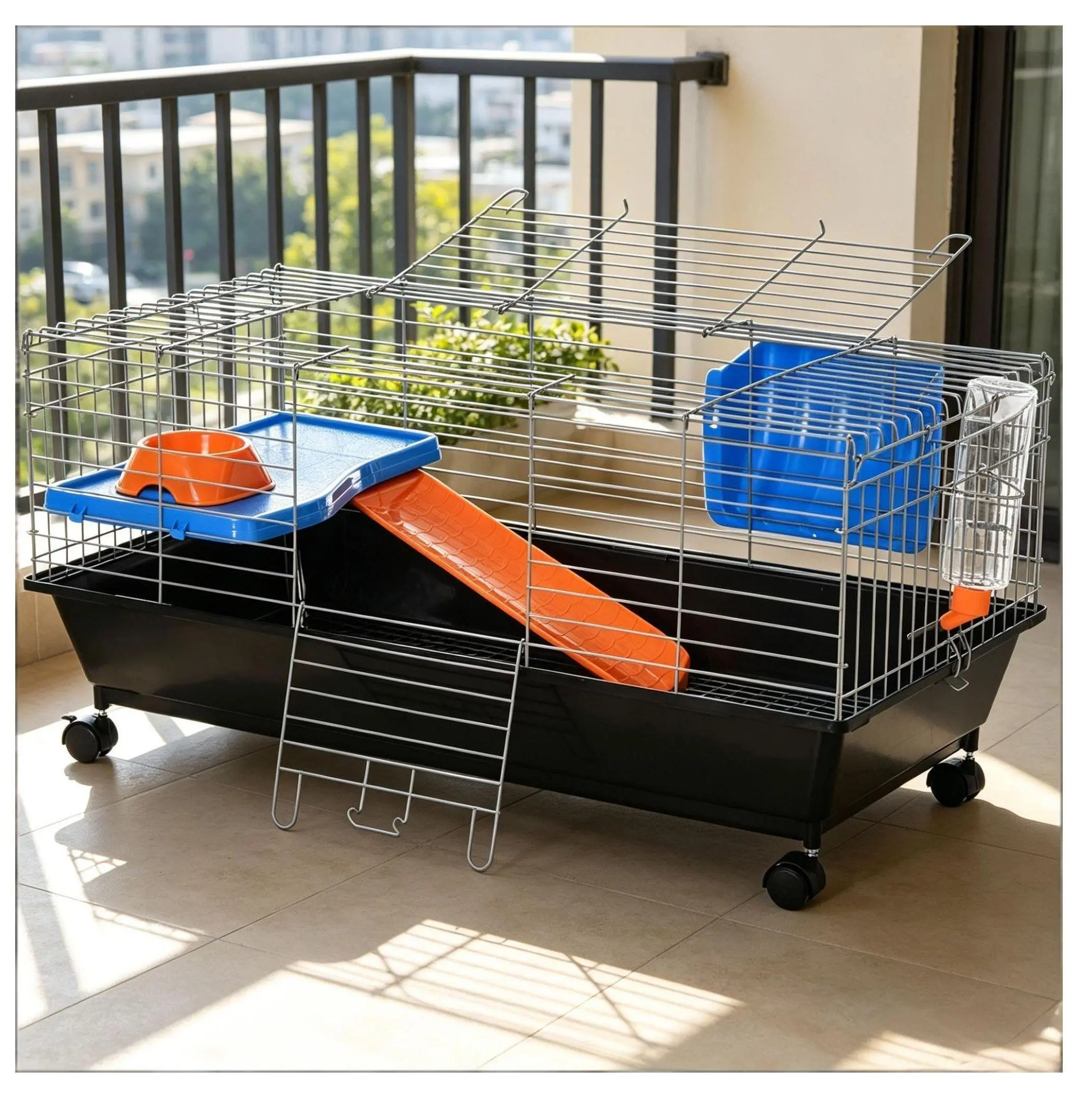 35" Black Chinchilla Cage Complete Kit with Ramp, Water Bottle, Hay Feeder, Platform, Mess Control – Small Animal Habitat for Rabbits, Guinea Pig Cage