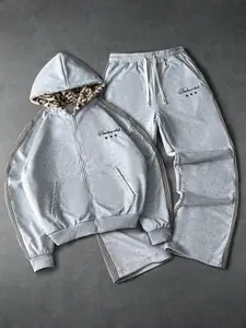 Men's Loose Hoodie and Wide Leg Sweatpants Set, Leopard Embroidery Detail, Casual Comfort Fit, Spring & Fall Home Wear, Cozy Set