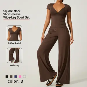NcmRyu Women's V-Neck Short-Sleeve Activewear Set - Wide-Leg Elastic Waist Pants - Breathable Soft Yoga Gym Trendy Outfit Sporty Style Clothes Workout Summer Clothes