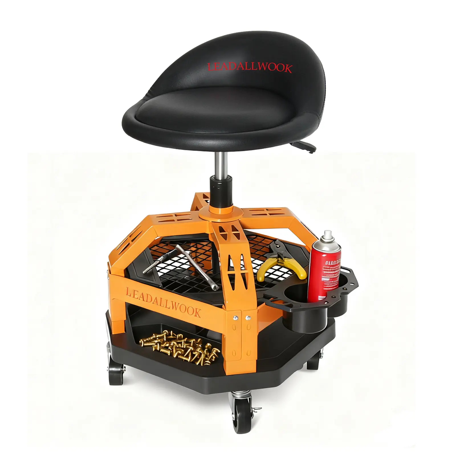 Rolling Shop Stool Adjustable Height with Casters and Tool Tray Storage for Garage, Workshop,280LBS Capacity Durable Build