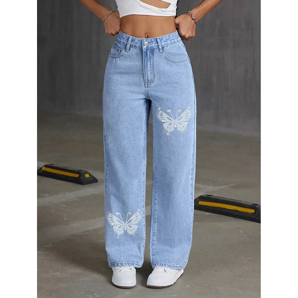 Women's Denim Butterfly Print Straight Slim-Fit Long Jeans, Streetwear Fashionable Elegant Bottoms