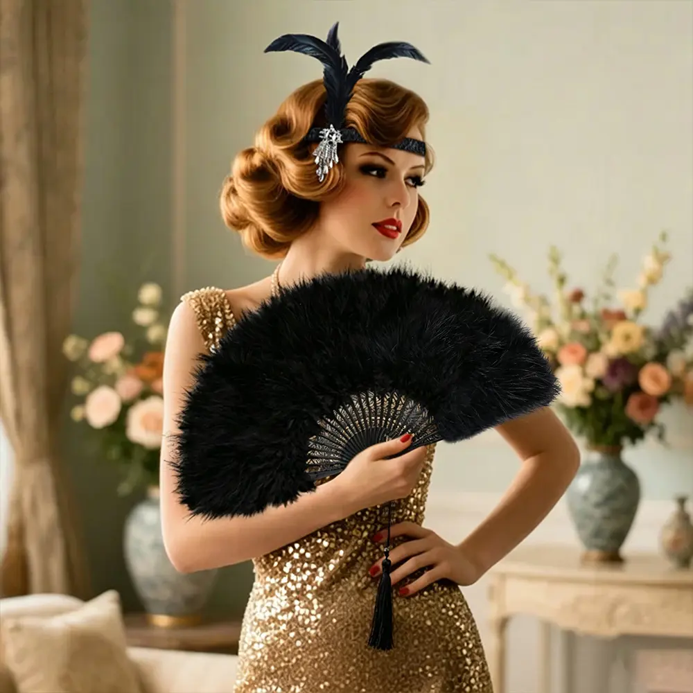 Black Feather Fan - Renaissance Fan,Rave Fan,Hand Fan Foldable,Marabou Feather Fan for 1920s Gatsby Party,Clothing Accessories and Party Decorations (Black)