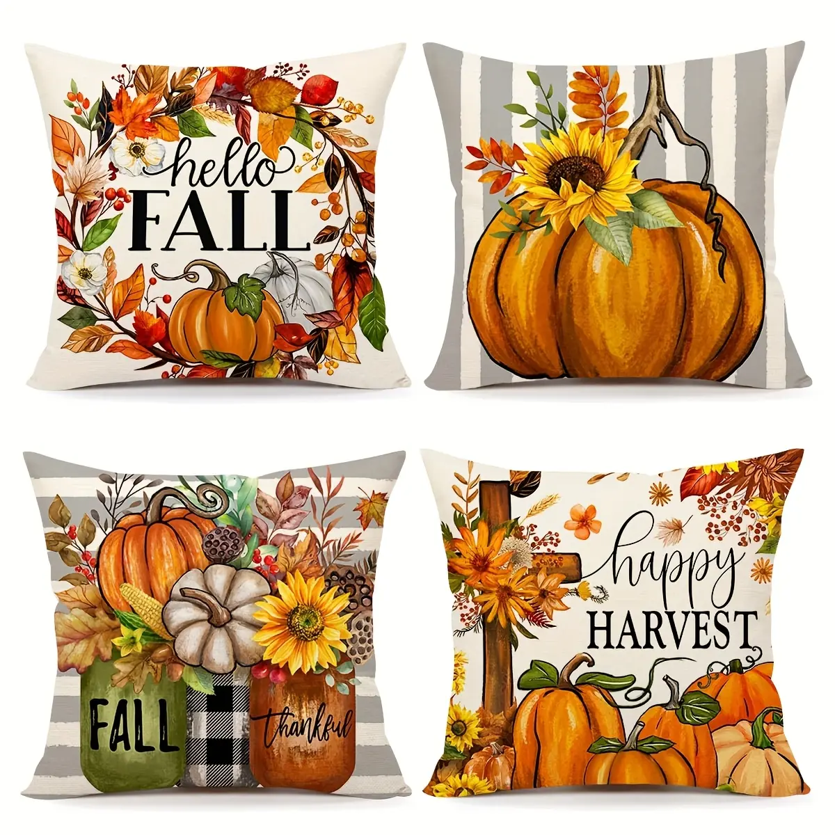 4pcs, Fall Pillow Covers, Thanksgiving Farmhouse Decorations Orange Pumpkin Outdoor Autumn Harvest Theme Pillows Decorative Throw Cushion Case for Home, Single-sided Printing, Without Pillow Core
