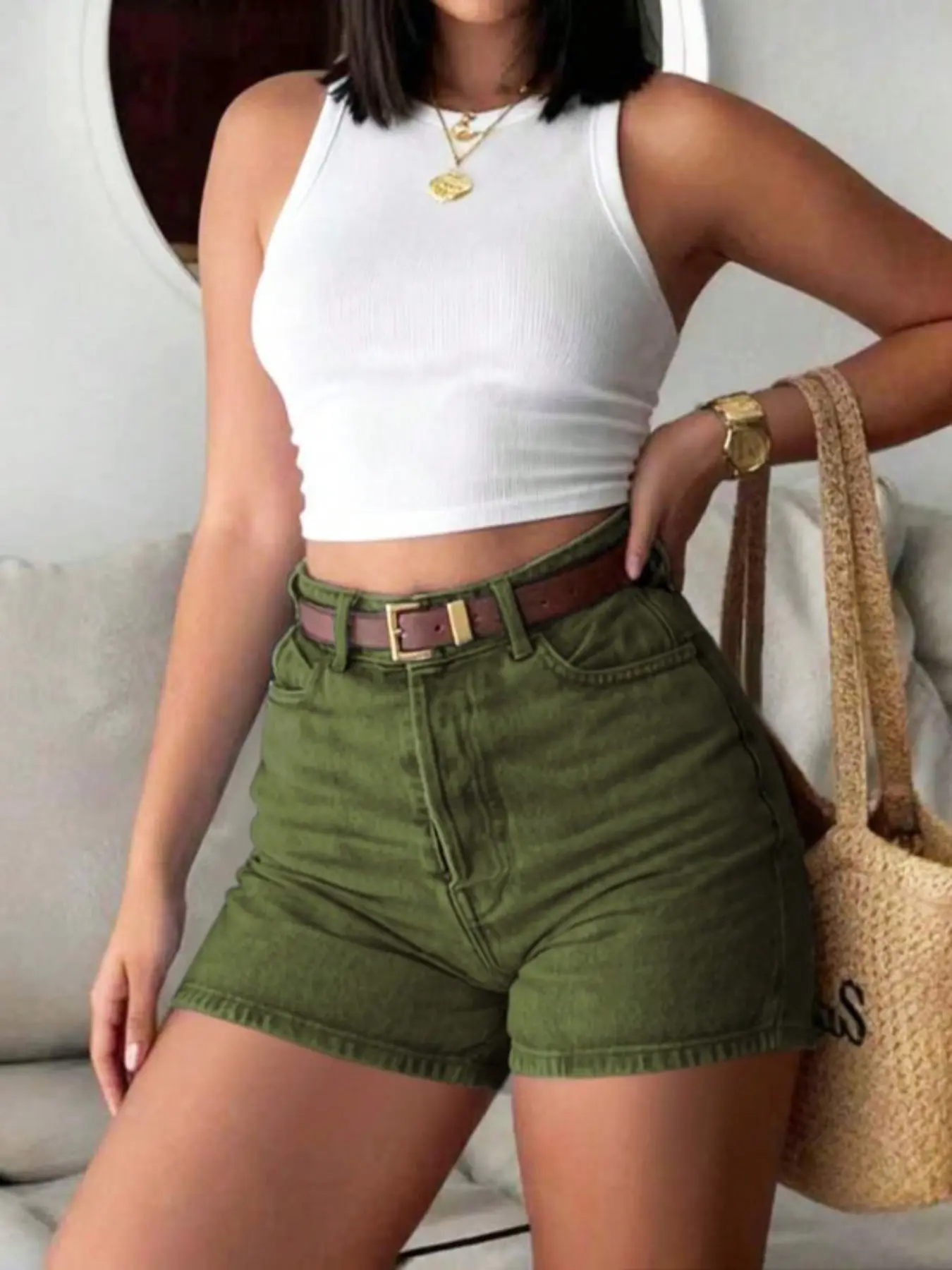 Women's Elastic Denim Trouser Shorts, High-Waisted Basic Fit, Light Blue Washed, Elegant Minimalist Style for Summer, Everyday, Home, Office, Casual Fashionable Shorts