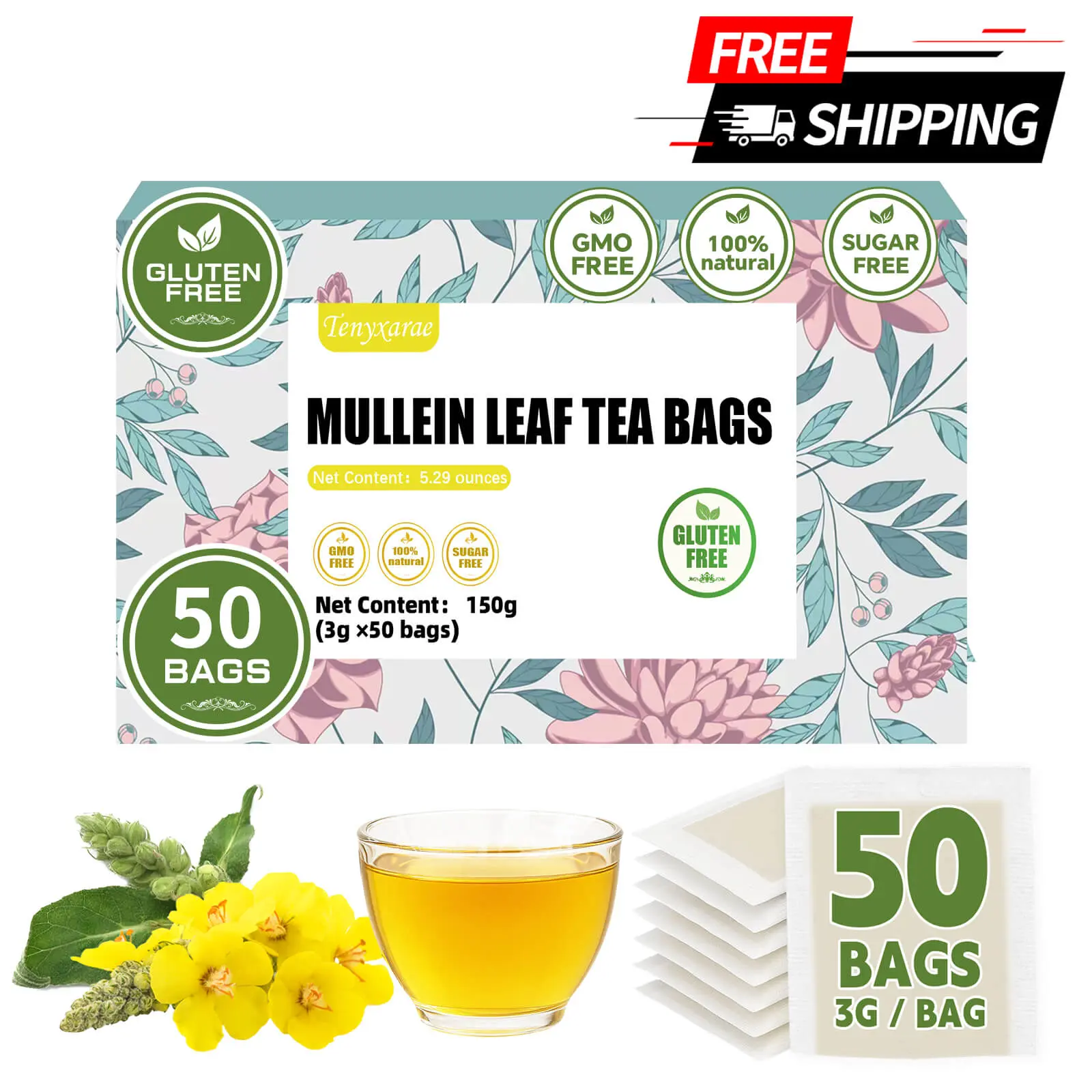 Organic Mullein Leaf Tea Bags (50 Pack, 3g/Bag)  100% Natural Mullein Leaves | Lung Detox Support | Caffeine-Free  Sugar-Free  Gluten-Free  Vegan | Eco-Friendly Wraps, Beverage, Nature