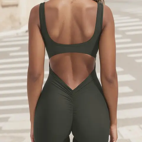 Women's Solid Cut Out Backless Ruched Sports Romper with Removable Chest Pad Design, Summer Sports Jumpsuits, Backless Sports Jumpsuit, High Stretch Sleeveless Scoop Neck, Stretchy Sports Jumpsuit
