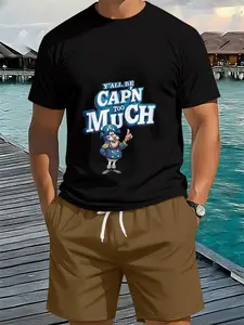 Men's Cartoon Sailor Fun Casual Printed Outfit, 3D Digital Printed 2-Piece Set, Trendy Retro Casual Wear, Vacation Style Fashion Clothing, Breathable Sporty Casual Style, Ideal Festival Gift for Men