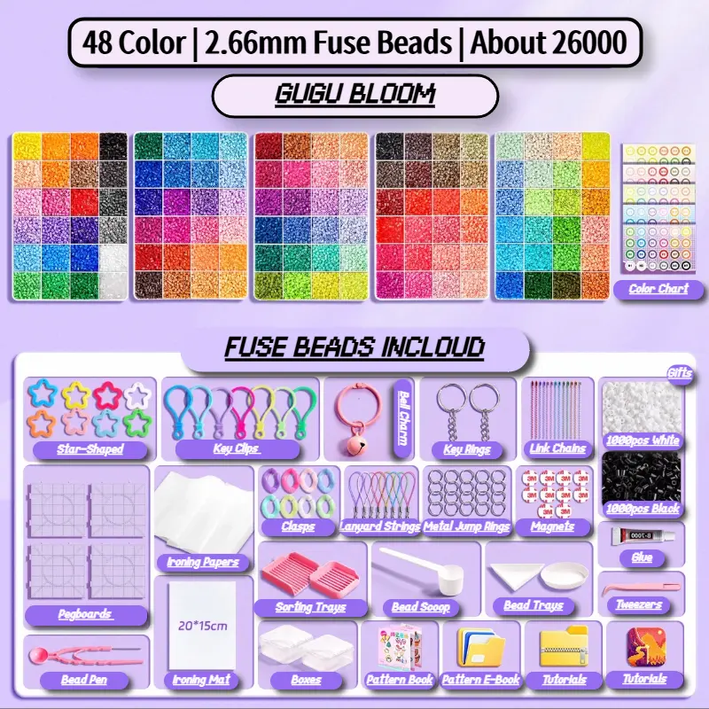 Gugu Bloom 48 Color Plastic Fuse Beads Set, 2.6mm 3D Pixel Puzzle Bead, Fridge Magnet, DIY Craft Bead Kit with Nail Board, Ironing Paper, Tweezers and DIY Beading Accessories, DIY Jewelry Accessories, DIY Jewelry Making, Party Kids Gifts