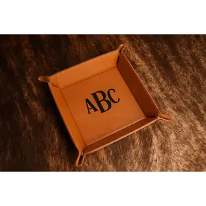 Premium Leather Valet Tray with Bold Monogram for Keys Jewelry Coins and Desk Essentials Stylish Catchall for Nightstand Entryway or Office