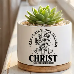 "I Can Do All Things Through Christ" Philippians 4:13 Religious Ceramic Succulent Planter with Bamboo Tray - Aesthetic Faith White Mini Pot Floral Cross Gift for Women & Men - Decorative Flower Pot for Office Desk, Windowsill & Bible Study Room Decor