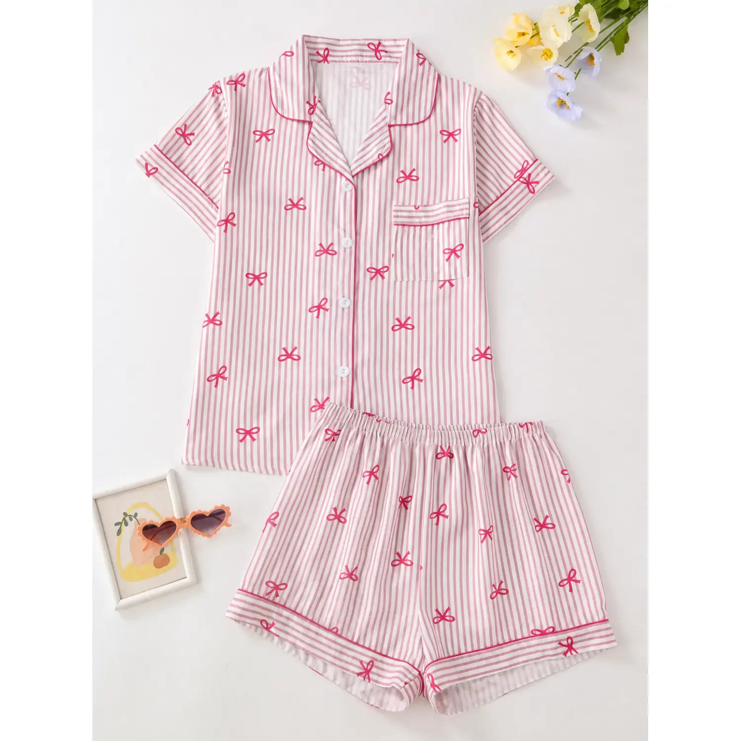 Chic Women's Striped & Bow Print Pajama Set: Short Sleeve Lapel Neck Top with Chest Pocket and Elastic Waist Shorts, Comfortable Loungewear for All Seasons