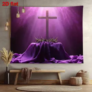 1PC,2D Flat Easter Jesus Cross Crown of Thorns Backdrop, Religious Festival Event Decoration Cloth, Photography Background Curtain, Church Worship Decor Tapestry, Scene Arrangement Background Wall Clo