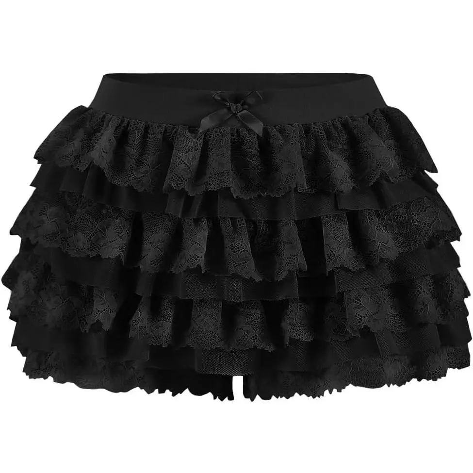 Women Y2K Lace Multi-Layered Bloomers Lolita Ruffle Shorts Cute Mini Skirt | Tiered layers, elastic waist, pumpkin pants, for rave party/country concert/festival